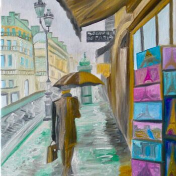 「"Rain in Paris"」というタイトルの絵画 Rosannによって, オリジナルのアートワーク, オイル ウッドストレッチャーフレームにマウント