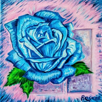 Painting titled "Blue Rose 3D" by Rosann, Original Artwork, Oil Mounted on Wood Stretcher frame