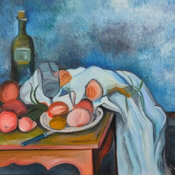 Peinture intitulée ""Bleu de Cézanne"" par Rosann, Œuvre d'art originale, Huile Monté sur Châssis en bois
