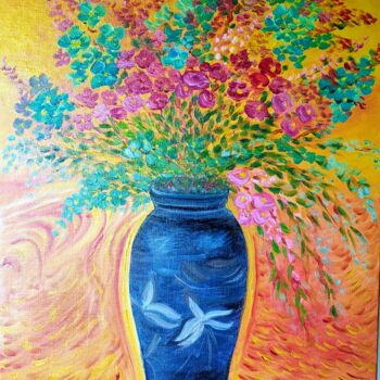 Peinture intitulée "Le Vase Bleu" par Rosann, Œuvre d'art originale, Huile Monté sur Châssis en bois