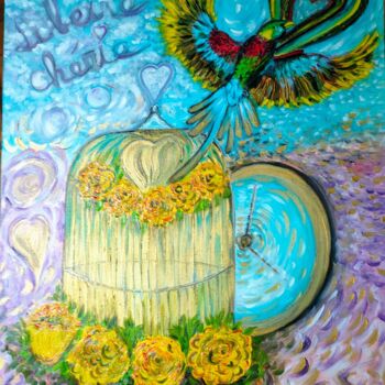 Painting titled "Le Quetzal, métapho…" by Rosann, Original Artwork, Oil Mounted on Wood Stretcher frame