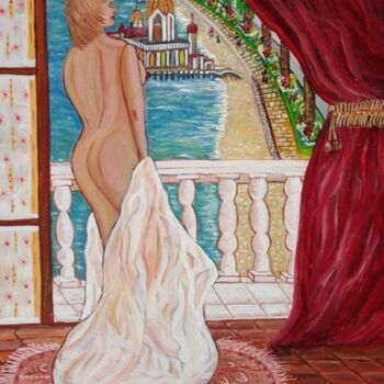 Painting titled "femme au balcon vue…" by Rose Calvino, Original Artwork