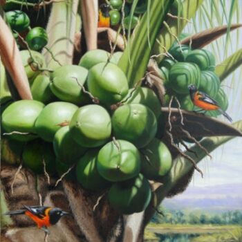 Painting titled "Cocos e Pássaros" by Rose Fernandes, Original Artwork, Oil