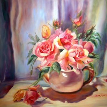 Painting titled "Roses and Tulips" by Rose Lady, Original Artwork, Oil