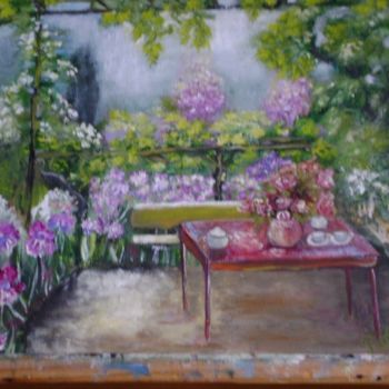 Painting titled "TERRASSE FLEURIE" by Roseale, Original Artwork, Oil