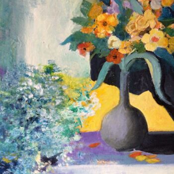 제목이 "La fenêtre fleurie"인 미술작품 Roseline Chesserond로, 원작, 아크릴 나무 들것 프레임에 장착됨