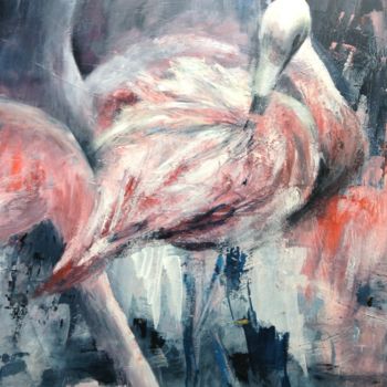 Malerei mit dem Titel "Flamant rose à sa t…" von Roseline Chesserond, Original-Kunstwerk, Acryl