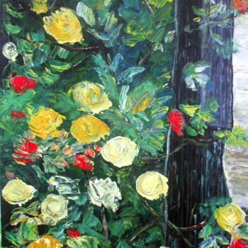 Pittura intitolato "Le rosier jaune" da Roselyne Halluin, Opera d'arte originale