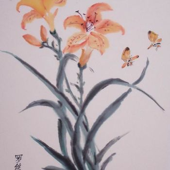 Malerei mit dem Titel "Lys et papillons" von Roselyne Pegeault, Original-Kunstwerk