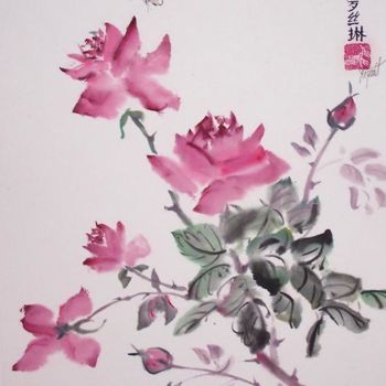 Painting titled "Roses au jardin" by Roselyne Pegeault, Original Artwork