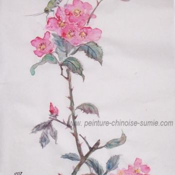 Peinture intitulée "sauterelle sur rose…" par Roselyne Pegeault, Œuvre d'art originale, Aquarelle