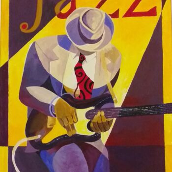 Painting titled "Jazz man à la guita…" by Roselyne Quinchon/Creff, Original Artwork, Acrylic