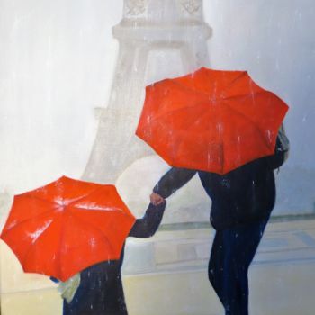 Pittura intitolato "les-parapluies-roug…" da Roselyne Schwarz, Opera d'arte originale