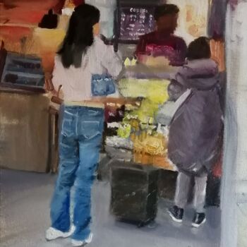 Schilderij getiteld "Station cafe" door Rosemary Burn, Origineel Kunstwerk, Olie