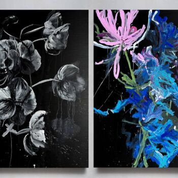 Malerei mit dem Titel "Flower diptych 17" von Rosi Roys, Original-Kunstwerk, Acryl