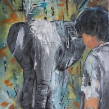 Painting titled "L'éléphant et l'enf…" by Rosiane Priam, Original Artwork