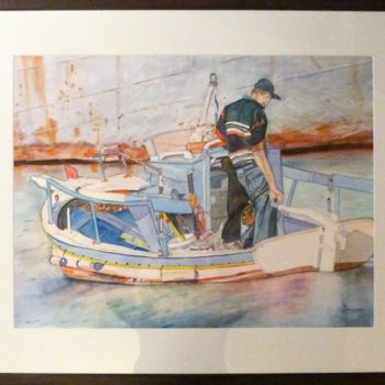 Ζωγραφική με τίτλο "The fisherman" από Rosita Allinckx, Αυθεντικά έργα τέχνης, Ακουαρέλα Τοποθετήθηκε στο Άλλος άκαμπτος πίν…
