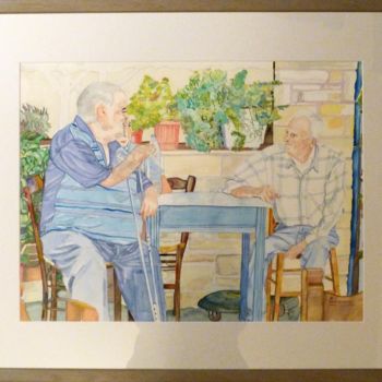 Painting titled "Old fishermen in ch…" by Rosita Allinckx, Original Artwork, Watercolor Mounted on Other rigid panel