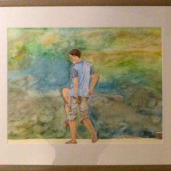 Painting titled "The young fisherman" by Rosita Allinckx, Original Artwork, Watercolor Mounted on Other rigid panel