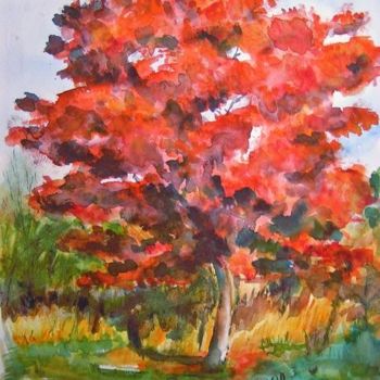 Ζωγραφική με τίτλο "L'arbre rouge" από Michèle Rossetto, Αυθεντικά έργα τέχνης