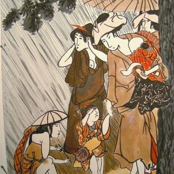 Pintura intitulada "Les gens sous la pl…" por Michèle Rossetto, Obras de arte originais