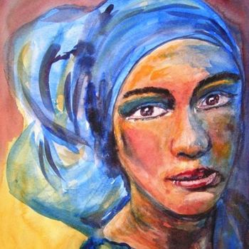 Peinture intitulée "Dame au foulard bleu" par Michèle Rossetto, Œuvre d'art originale