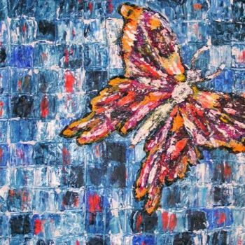 Malerei mit dem Titel "Papillon à fond bleu" von Michèle Rossetto, Original-Kunstwerk
