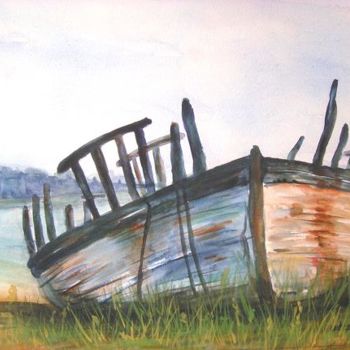 Peinture intitulée "Epave à Portbail" par Michèle Rossetto, Œuvre d'art originale