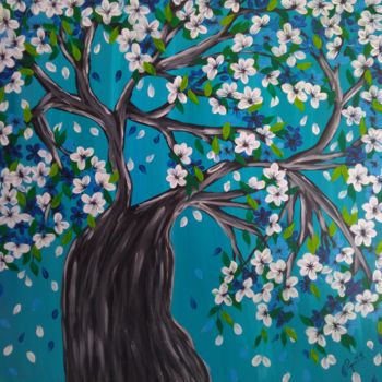 Painting titled "arbre en fleurs bla…" by Rosy Pignot, Original Artwork, Acrylic