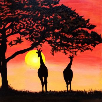 Schilderij getiteld "Girafes dans la bru…" door Stéphanie Roumiguié, Origineel Kunstwerk, Acryl
