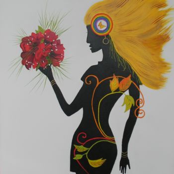 Painting titled "Femme Afriquaine" by Jean Paul Rousseau, Original Artwork, Oil Mounted on Wood Stretcher frame