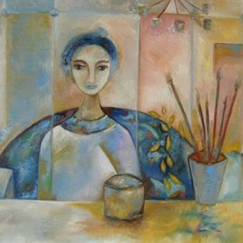Painting titled "Portrait in the Mir…" by Roxana Donisanu, Original Artwork, Oil