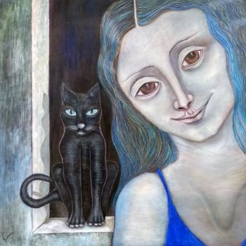 Ζωγραφική με τίτλο "mi gato y yo" από Roxana, Αυθεντικά έργα τέχνης, Ακρυλικό
