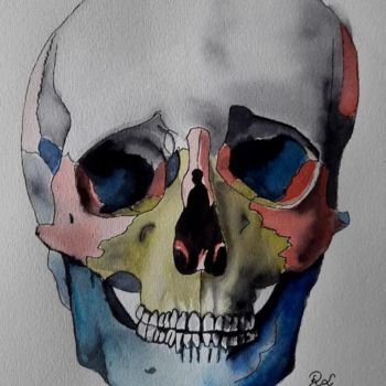Painting titled "Primary colors skull" by Roxane Le Tétour, Original Artwork, Watercolor