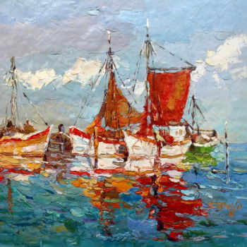 Painting titled "60x60cm Sailing Boat" by Royo Liu, Original Artwork, Oil