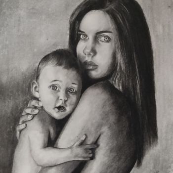 Drawing titled "Motherhood" by Rozida And Dilawar, Original Artwork, Charcoal