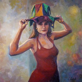 Painting titled "Young Woman in Hat…" by Ruslan Sabirov, Original Artwork, Oil