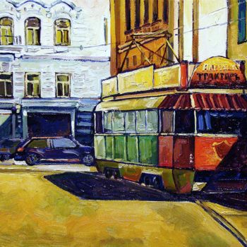 Картина под названием "Old Tram" - Ruslan Sabirov, Подлинное произведение искусства, Масло