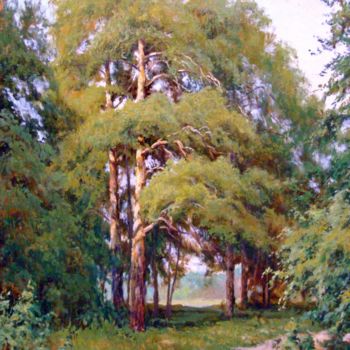 Painting titled "Pine-Trees Lit Up b…" by Ruslan Sabirov, Original Artwork, Oil