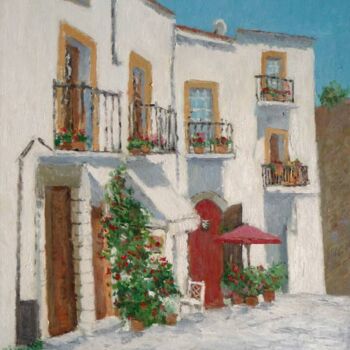 Painting titled "Una calle de Ibiza…" by Rubén De Luis, Original Artwork, Oil Mounted on Wood Stretcher frame