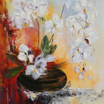 Painting titled "LES ORCHIDEES BLANC…" by Françoise Pascal, Original Artwork, Oil