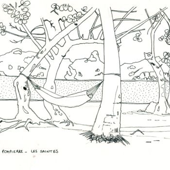 Drawing titled "Plage de Pompierre…" by Rudy Dissler, Original Artwork, Ink