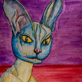 Schilderij getiteld "Sphynx - Cat" door Rüdiger Geisler, Origineel Kunstwerk, Aquarel