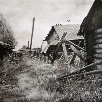 「Деревня」というタイトルの絵画 Mikhail Rudnikによって, オリジナルのアートワーク, 木炭