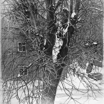 Картина под названием "Старые дворы 26" - Mikhail Rudnik, Подлинное произведение искусства, Древесный уголь