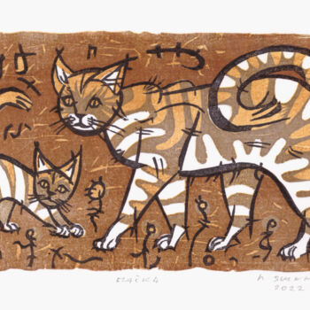 Printmaking titled "Cats" by Rudolf Suran, Original Artwork, Xylography