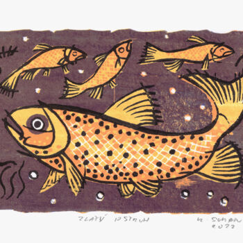 Printmaking titled "Golden trout" by Rudolf Suran, Original Artwork, Xylography