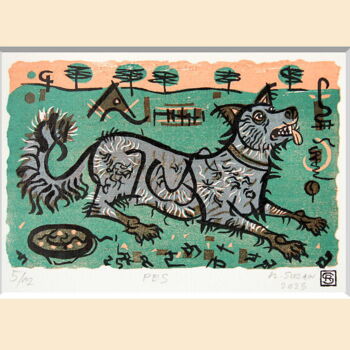 Printmaking titled "The dog" by Rudolf Suran, Original Artwork, Xylography