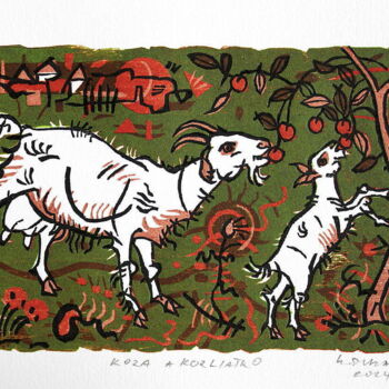 Gravures & estampes intitulée "Spring. (Goat and k…" par Rudolf Suran, Œuvre d'art originale, Xylographie