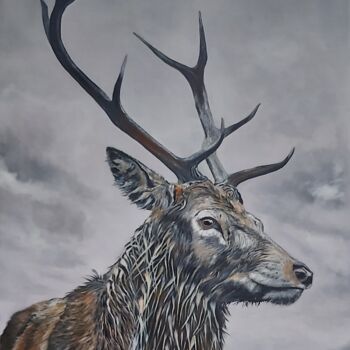 Painting titled "Cerf" by Christian Ruffie, Original Artwork, Oil Mounted on Wood Stretcher frame